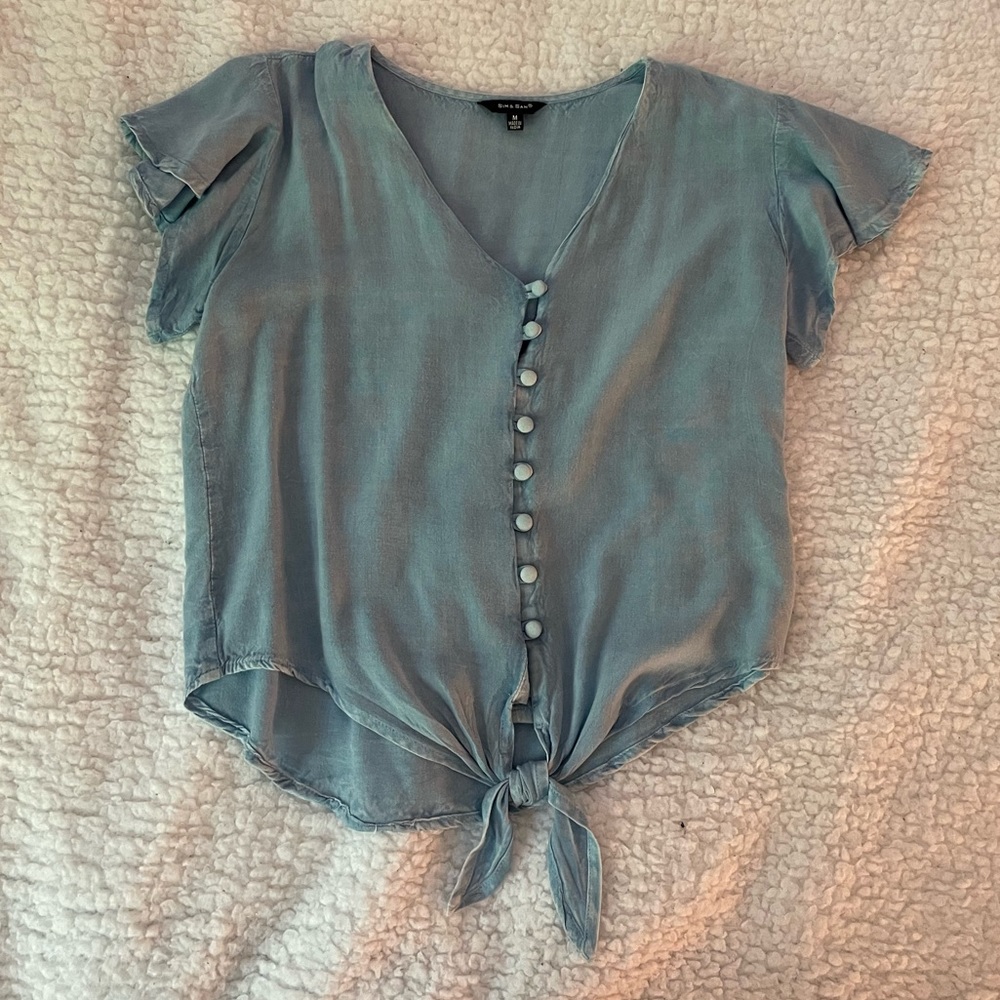 Faux Denim Button-Up Tee